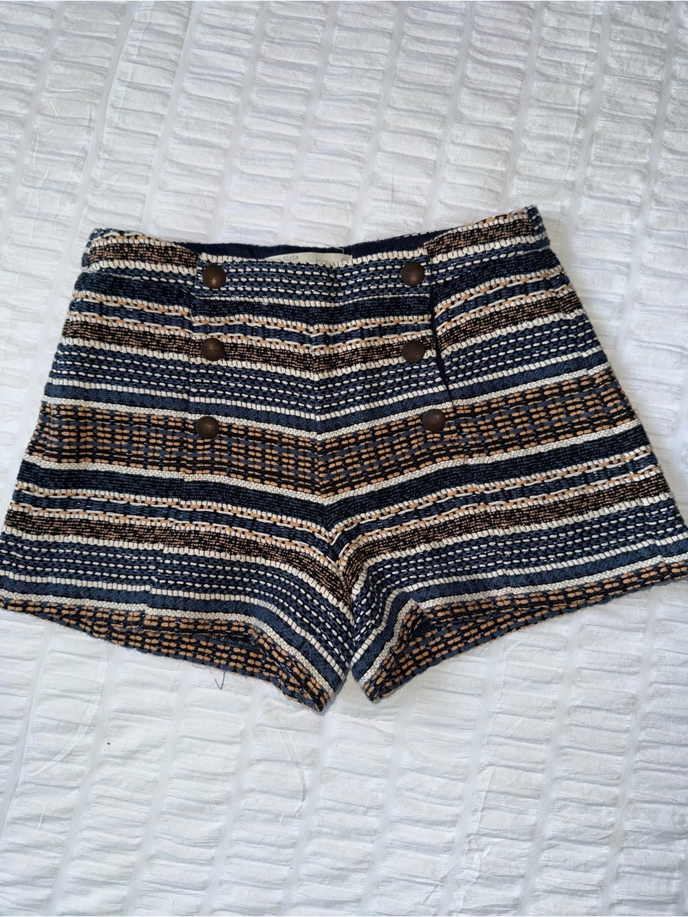 Zara Shorts Girls Size 8 Striped Navy and Tan Woven High-Waist !